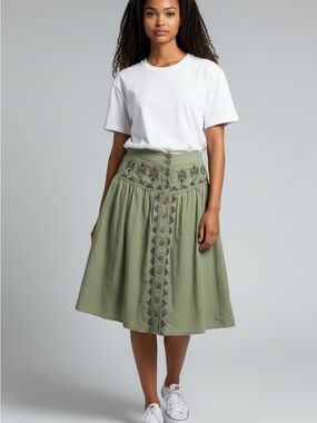 Maeve Olive Green Embroidered Button-Front Skater Skirt, Lined